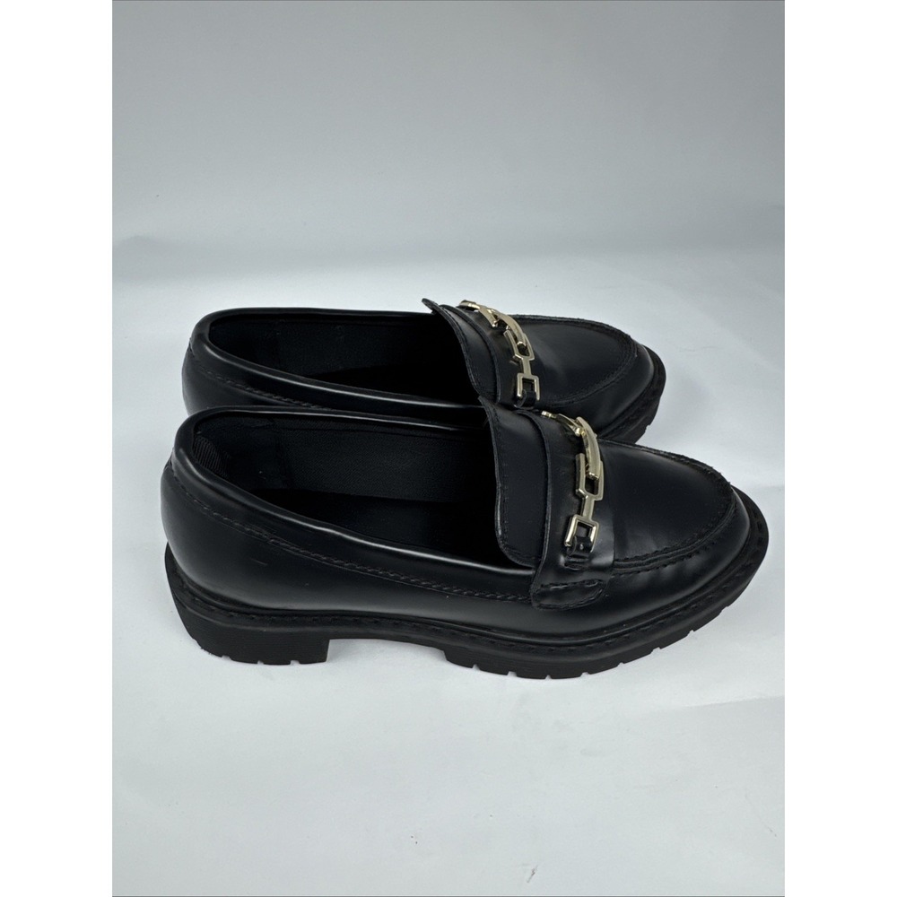 Gap Kids Girls Black Gold Tone Chain Link Faux Leather Loafers Sz 12 Lug Sole - Picture 2 of 7